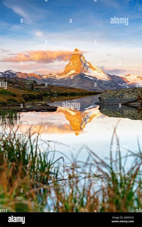 Majestic Matterhorn Mirrored In Lake Stellisee At Dawn Zermatt Valais