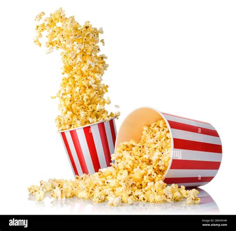 Set Of Flying Popcorn From Paper Bucket And Scattered Popcorn Isolated