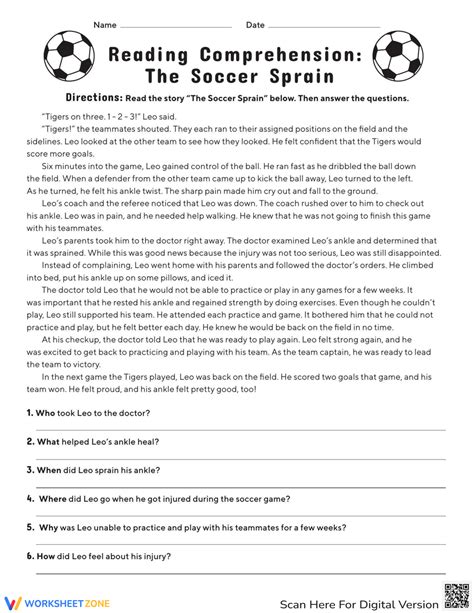 Reading Comprehension The Soccer Sprain Worksheet