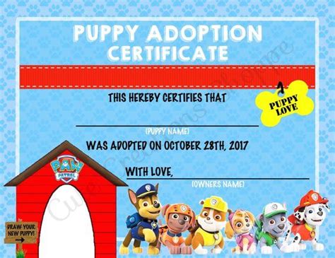 Paw Patrol Puppy Adoption Certificate Certificado De Adopción