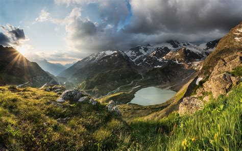 Wallpaper 1600x1000 Px Alps Clouds Grass Lake Landscape