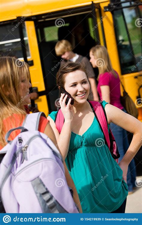 School Bus Girl Calls Friend Before Boarding Bus Stock Image Image Of Calling Smart 154219939