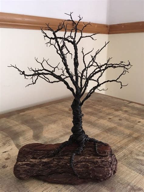 Handmade Twisted Wire Tree On A Layered Bark Driftwood Base