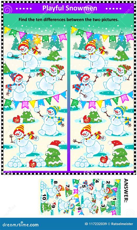 Find The Differences Picture Puzzle With Playful Playful Snowmen Stock
