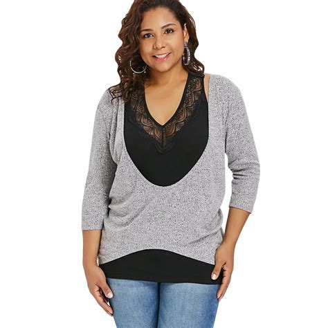 Wipalo Plus Size 5XL Plunging T Shirt With Lace Trim Racerback Tank
