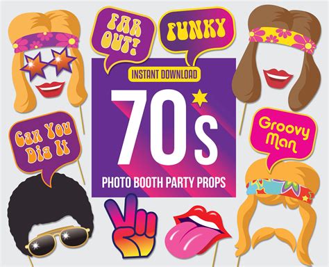 70s Photo Booth Party Props Seventies Glam Rock Printable Etsy