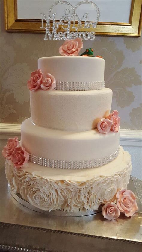 4 tier ivory ruffle frill roses wedding cake tiered wedding cake ivory wedding cake pink