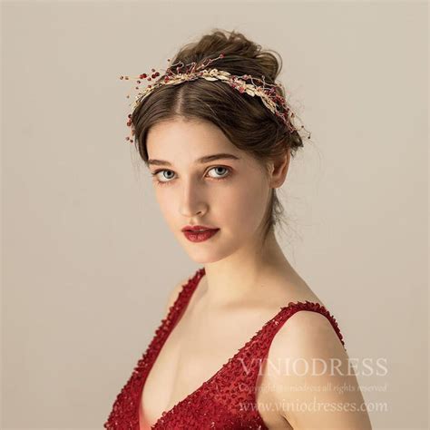 Gold Leaf And Burgundy Stone Spray Hair Vine Ac1200 Viniodress