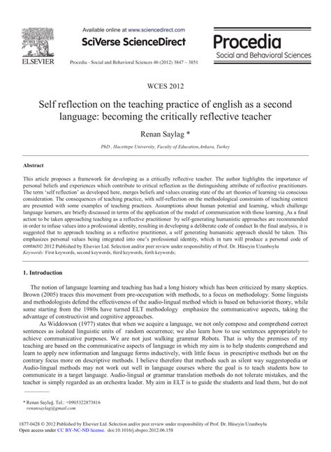 Pdf Self Reflection On The Teaching Practice Of English As A Second