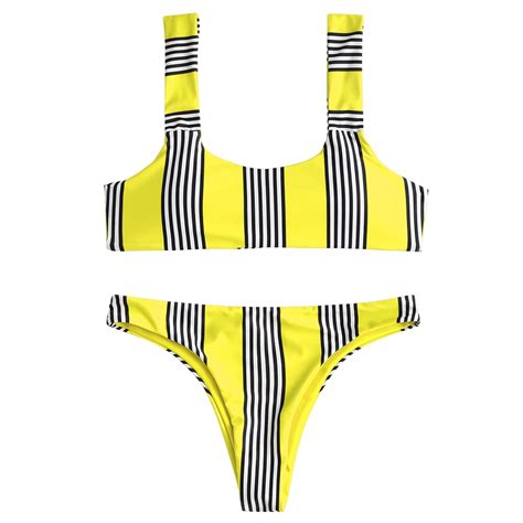 Zaful Sexy Knot Stripe Bikini Set Swimwear Bikinis Women Scoop Neck Swimwear Striped Beach