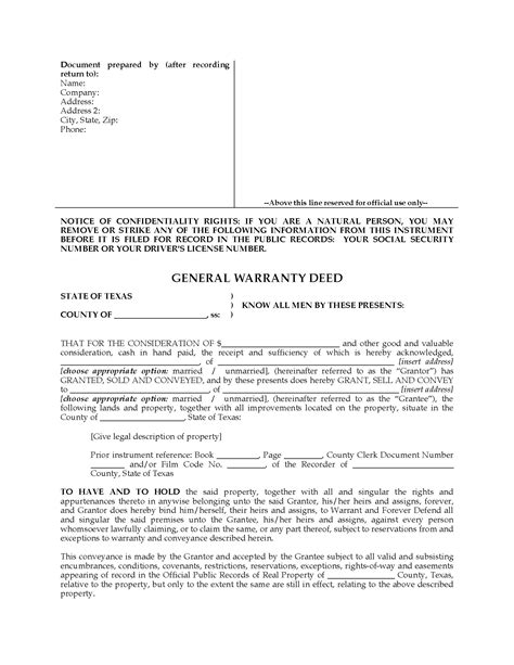 Texas General Warranty Deed Form Legal Forms And Business Templates