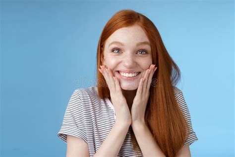 Excited Happy Cheerful Redhead Ginger Girl Smiling Joyfully Touch Cheeks Surprised Receive