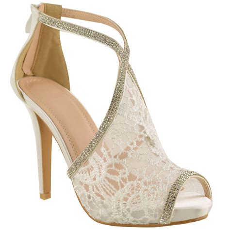 Ladies Womens Wedding Shoes High Heels Lace Diamante Bridal Peep Toe Sandal Size Ebay