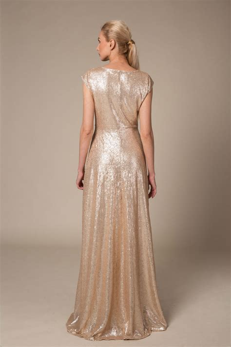Gold Sequin Maxi Dress With Capped Sleeves Le Parole