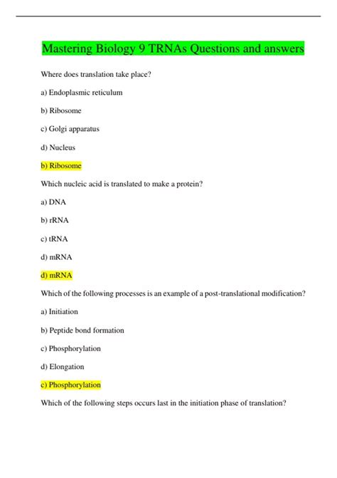 Mastering Biology 9 TRNAs Questions and answers Graded A+ - Mastering