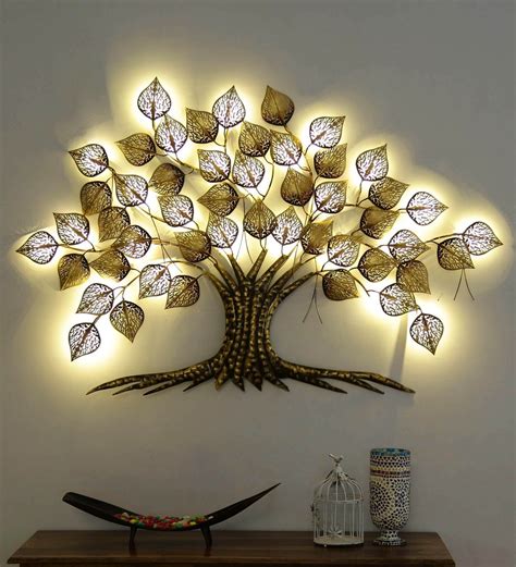 Buy Wrought Iron Decorative Tree In Golden With Led Wall