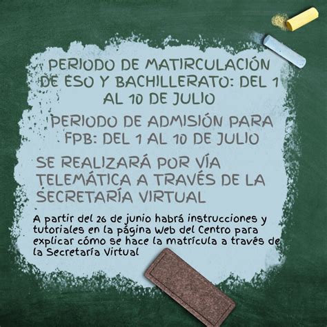 Periodo De MatriculaciÓn Para Eso Bachillerato Y Fpb Ies Villarrubia