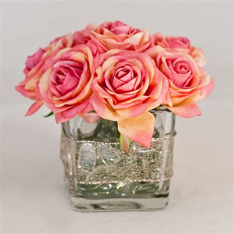 Discover how to arrange flowers and recreate bouquets by top florists. Real Touch Roses Faux Arrangement Pink Square Glass Vase ...