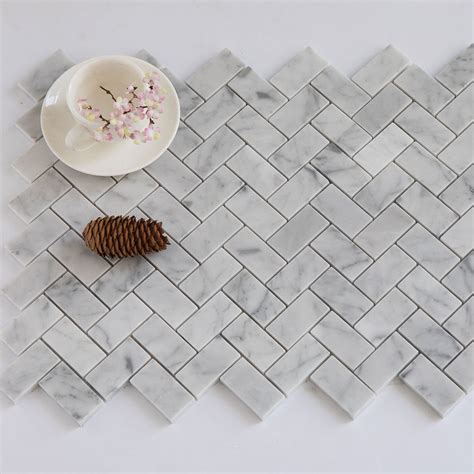 1 X 2 Herringbone White Bianco Carrara Marble Mosaic Tile丨diflart