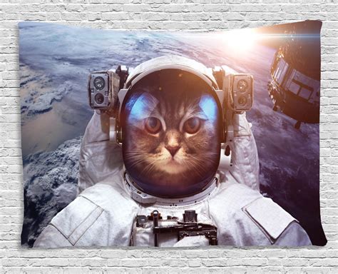Space Cat Tapestry Astrounaut Cosmonaut Cat In Suit With Space