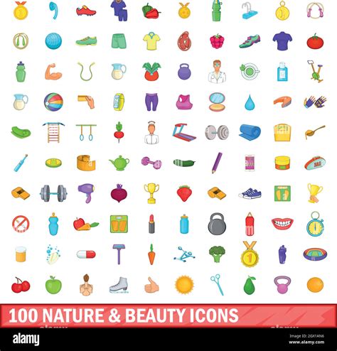 100 Nature And Beauty Icons Set Cartoon Style Stock Vector Image And Art