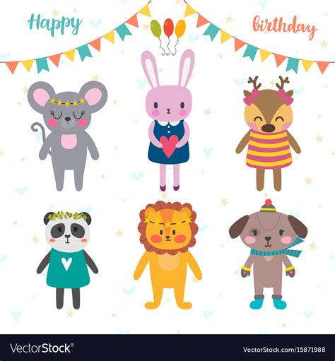 Set Of Cute Cartoon Animals For Happy Birthday Vector Image