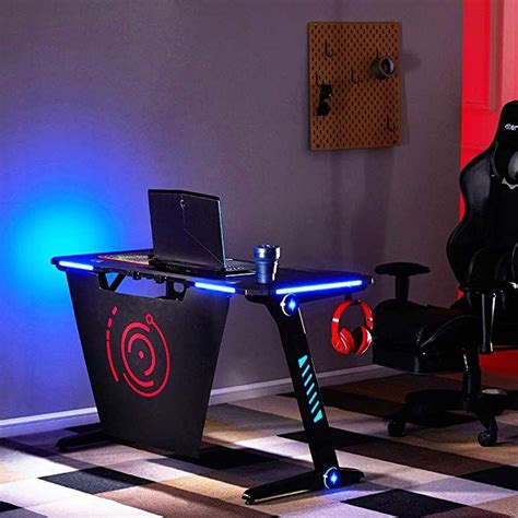 Merax Gaming Desk Led Lights Z Shaped Ergonomic Computer