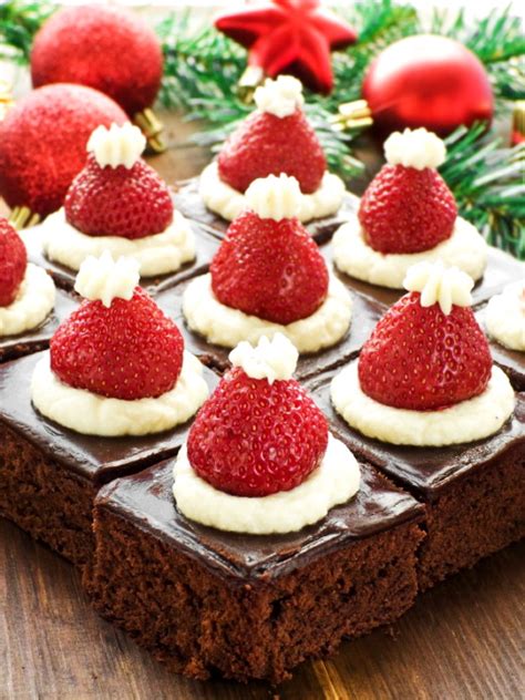 'tis the season for festive christmas desserts. Santa Hat Mini Brownies - Healthy Christmas Party Dinner Menu Dessert Ideas - Bored Fast Food