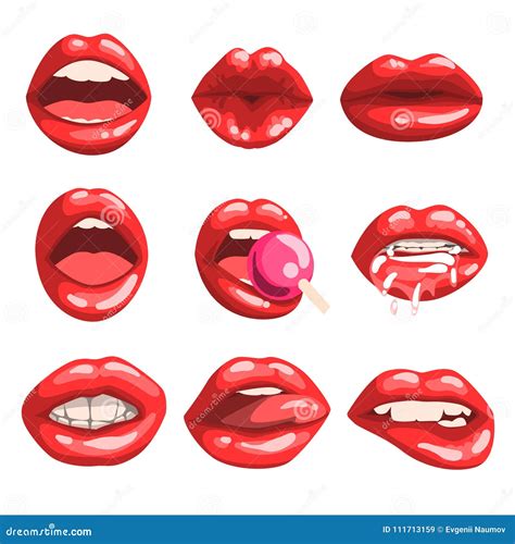 Red Glossy Lips Set Girls Mouth With Red Lipstick Makeup Expressing Different Emotions Vector