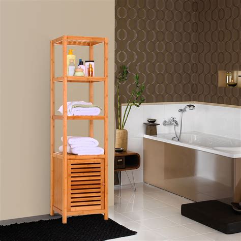 Open bathroom shelving unit in grey. Allieroo Bamboo Bathroom Shelf 5-Tier Multi-functional ...