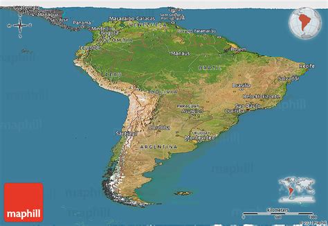 Satellite Panoramic Map Of South America Desaturated Land Only
