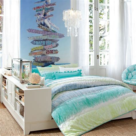 Remember that shelf you put up? tie-dye bedding and beach-themed bedroom | Tween girl ...