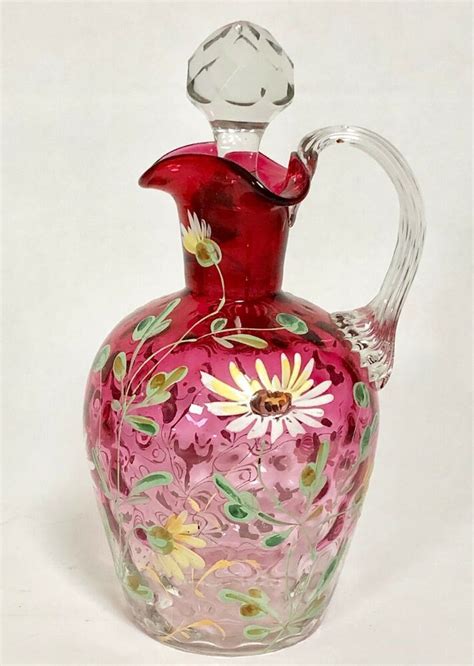 Antique Moser Quality Cranberry Rubina Glass Enameled Jug Pitcher Enamel Floral Moser Moser