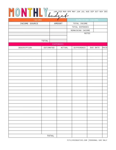 Free Printable Blank Monthly Budget Template Addictionary Budgeting