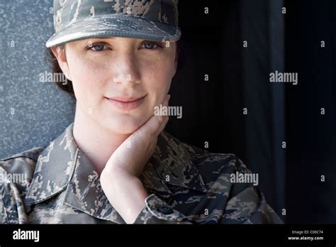 Headshot Of Young Woman In Army Combat Uniform Stock Photo Alamy
