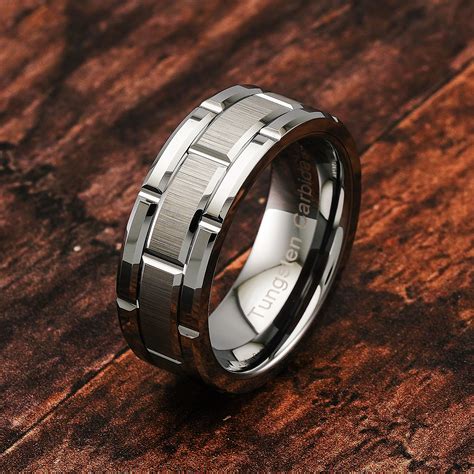Tungsten Rings For Men Wedding Band Silver Brick Pattern Brushed 100s