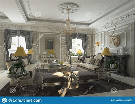 Living Room Interior In European Style 3d Illustration Stock