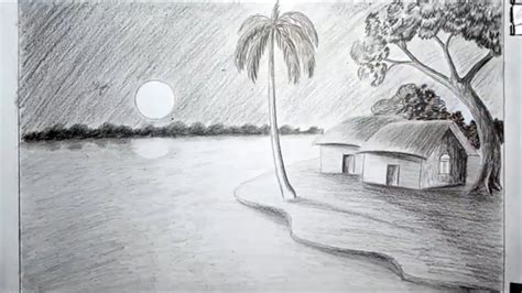 How To Draw Scenery Of Moonlight Night Scene With Pencil Sketch Step