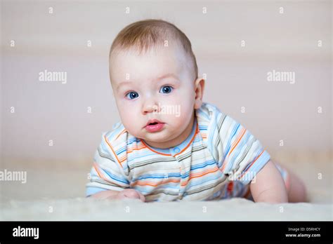 Cute Baby Boy Lying On Stomach Indoors Stock Photo Alamy