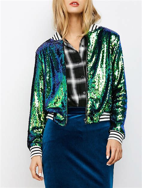 33 Off 2021 Sparkly Sequins Bomber Jacket In Green Zaful