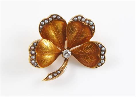 14k Gold Art Nouveau Enamel Diamond And Pearl Four Leaf Clover Brooch Pin