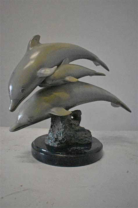 Three Grey Dolphins Swimming Bronze Statue On Marble Size 16l X 9w