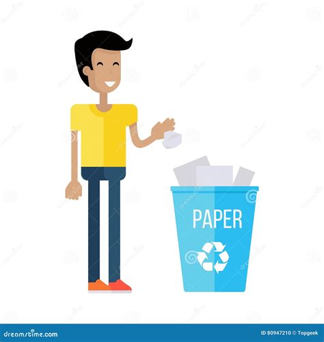 man throw the paper into blue recycle garbage bin stock vector illustration of plastic