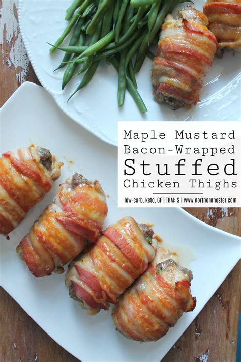 Chicken rollatini ~ chicken stuffed with spinach and a yummy cheese mixture then coat them with bread crumbs and top them with more cheese. Maple Mustard Bacon-Wrapped Stuffed Chicken Thighs | THM: S - Northern Nester