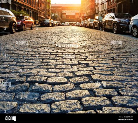 Cars Parked Along The Sidewalk Of A Historic Cobblestone Street In The