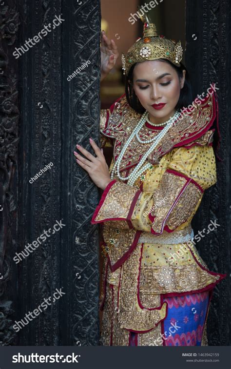 Beautiful Asian Portrait Women Myanmar Traditional Stock Photo