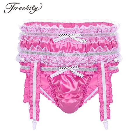Mens Lingerie Shiny Satin Ruffled Frilly Low Rise Stretchy Sissy Triangle Briefs Underwear Sexy