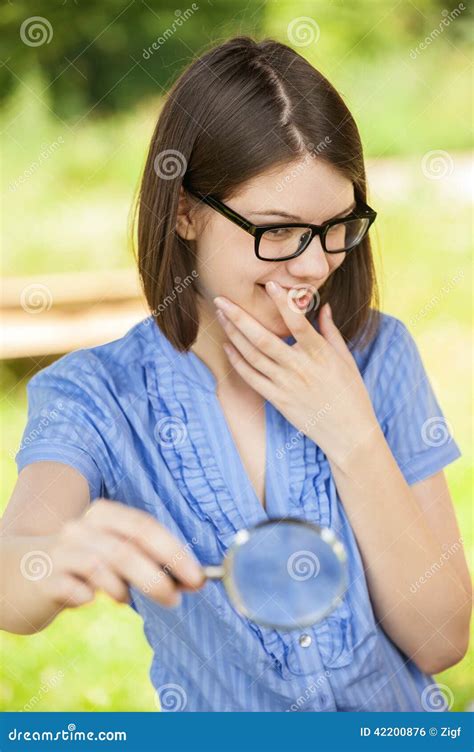 Portrait Of Young Woman With Loupe Stock Photo Image Of Meditate