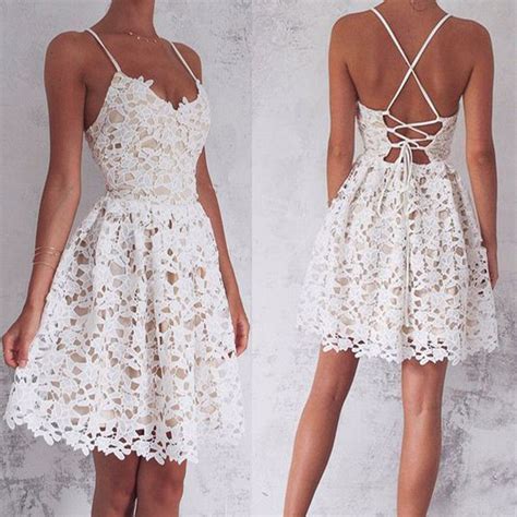Short A Line Spaghetti Straps Lace Up White Lace Homecoming Dresses Bd00190 Lace Homecoming