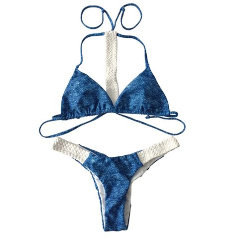 2018 New Design Bandage Swimwear Women Two Piece Denim Color Handmade